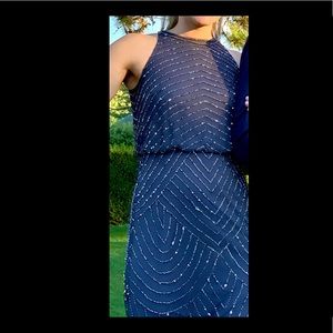 Adrianna Papell Art Deco Beaded Blouson Dress with Halter Neckline - Gunmetal